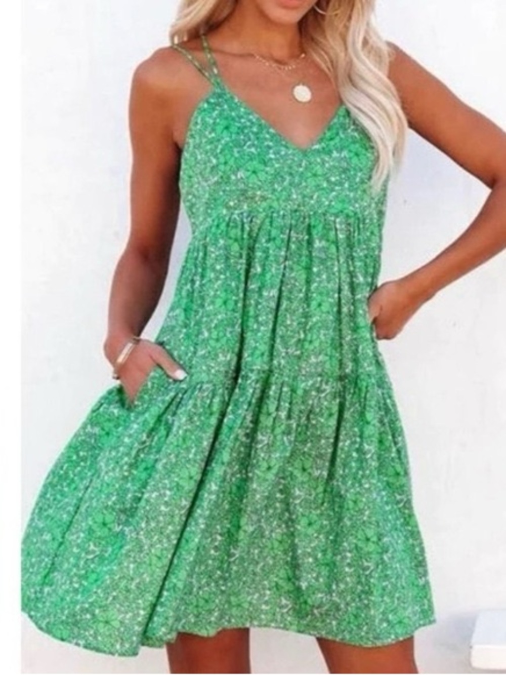 Deluc Green Floral V-Neck Tiered Mini Dress Size XL